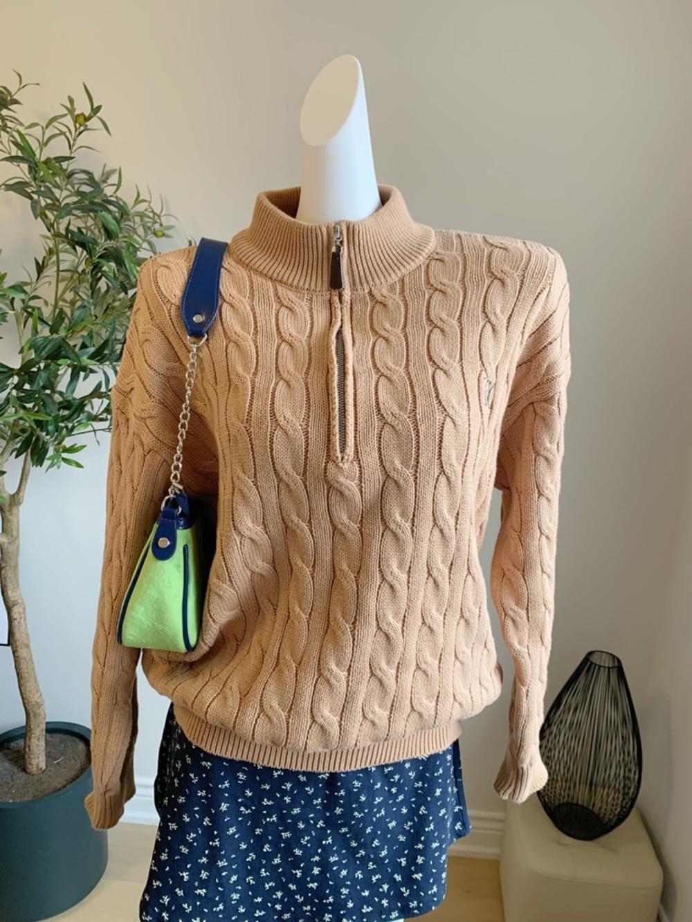 Apricot Cable Knit Half Zip Sweater Mock Neck Cozy S M